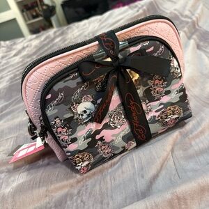 Ed Hardy Pink Camouflage Skull Print Cosmetic Bags 2pc.